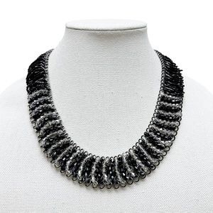 Woven Metal Black Clear Crystal Beaded Wide Necklace